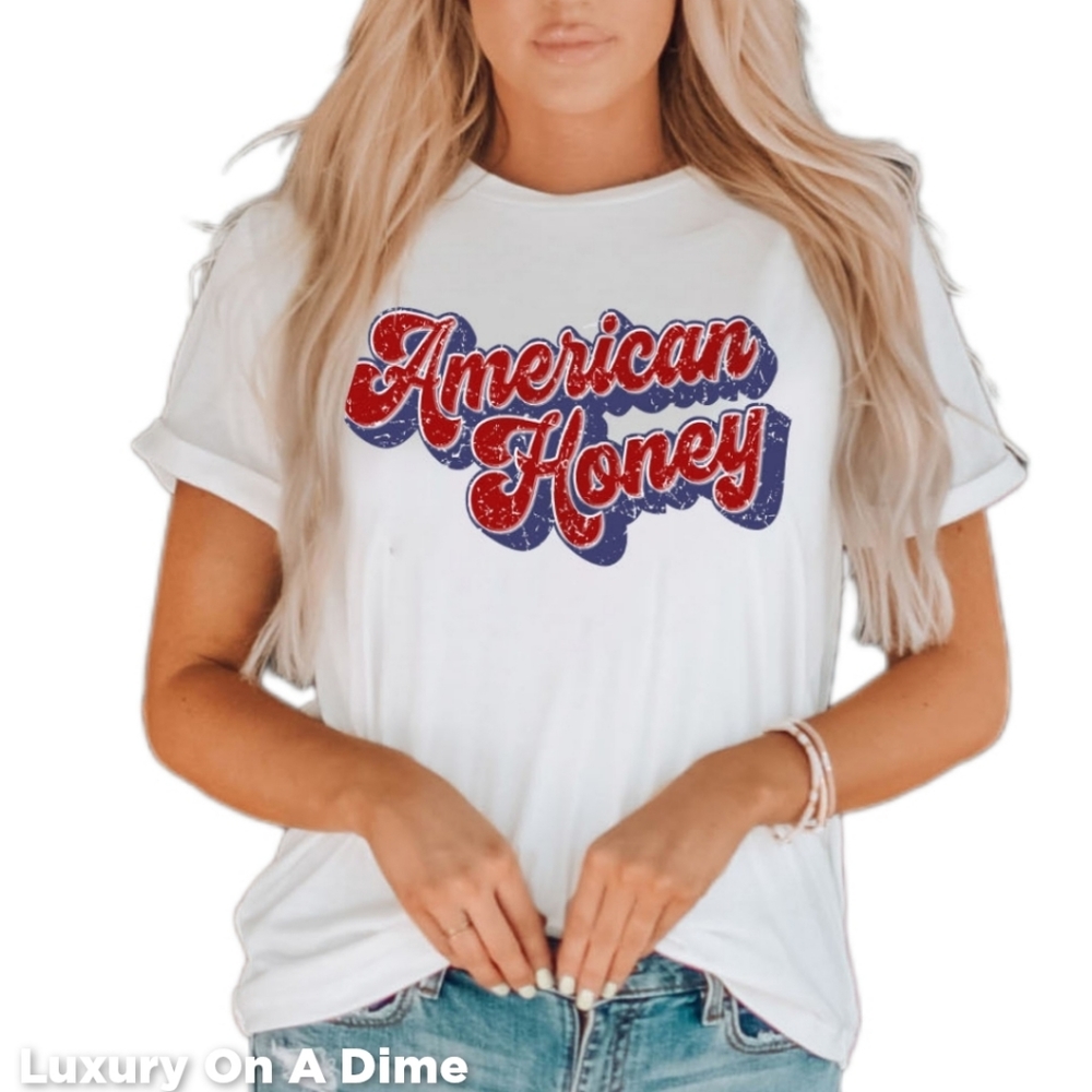Retro American Honey Graphic Woman's Top Cuffed Short Sleeve White Shirt